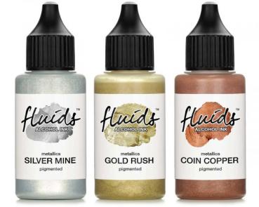 3x 30ml Fluids Alcohol Ink Set Metallics GOLD RUSH, SILVER MINE, COIN COPPER alcohol ink for Fluid